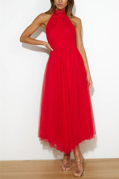 Robe de Soirée Élégante en Tulle avec Col Haut et Jupon