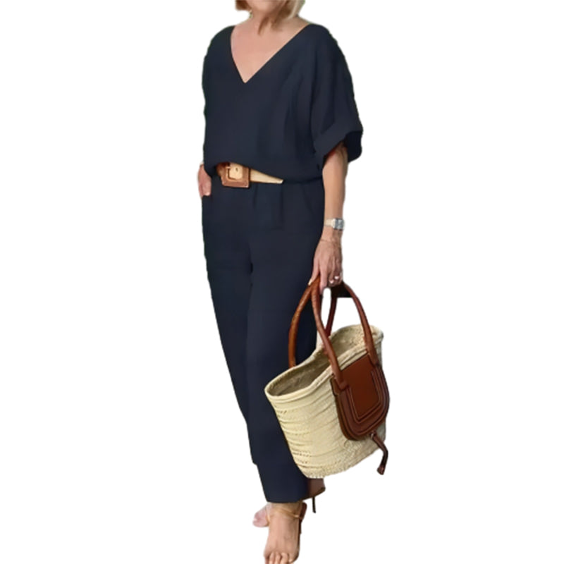 Ensemble Femme Col en V Pantalon Ample Coupe Décontractée