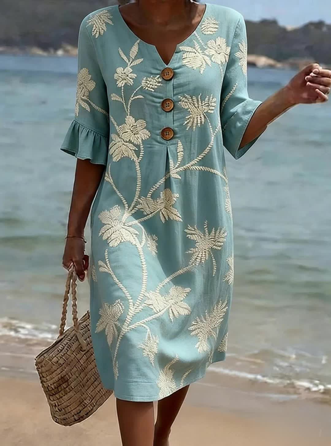 Robe Femme Coton Lin Manches Volantées Coupe Estivale - PanierRoyale