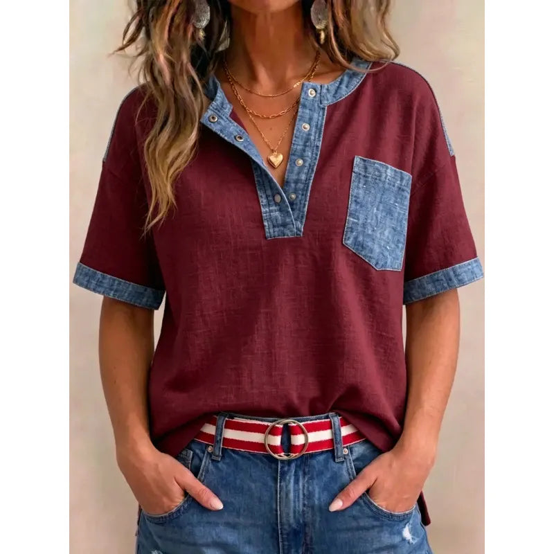 Femme Coton Col en V Détails Denim