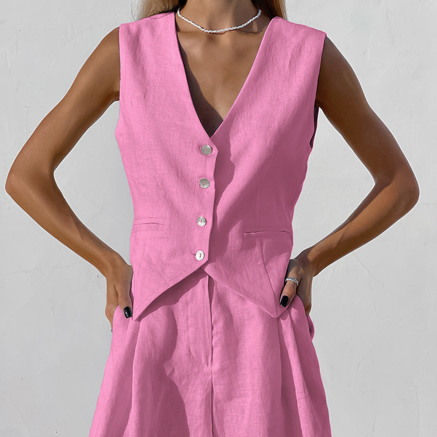 Robe Été Femme en Lin - Ensemble Décontracté avec Gilet et Short