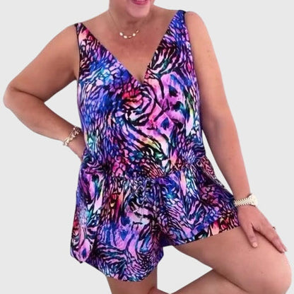 Robe Maillot de Bain Femme Imprimé Col V Sans Manches Été