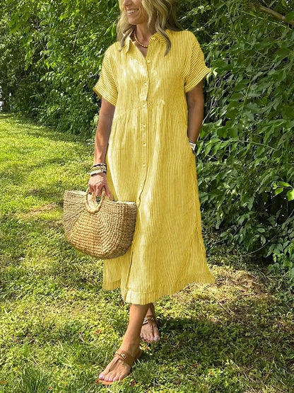 Robe Chemise Femme Longue Coton Boutons Poches Style Décontracté
