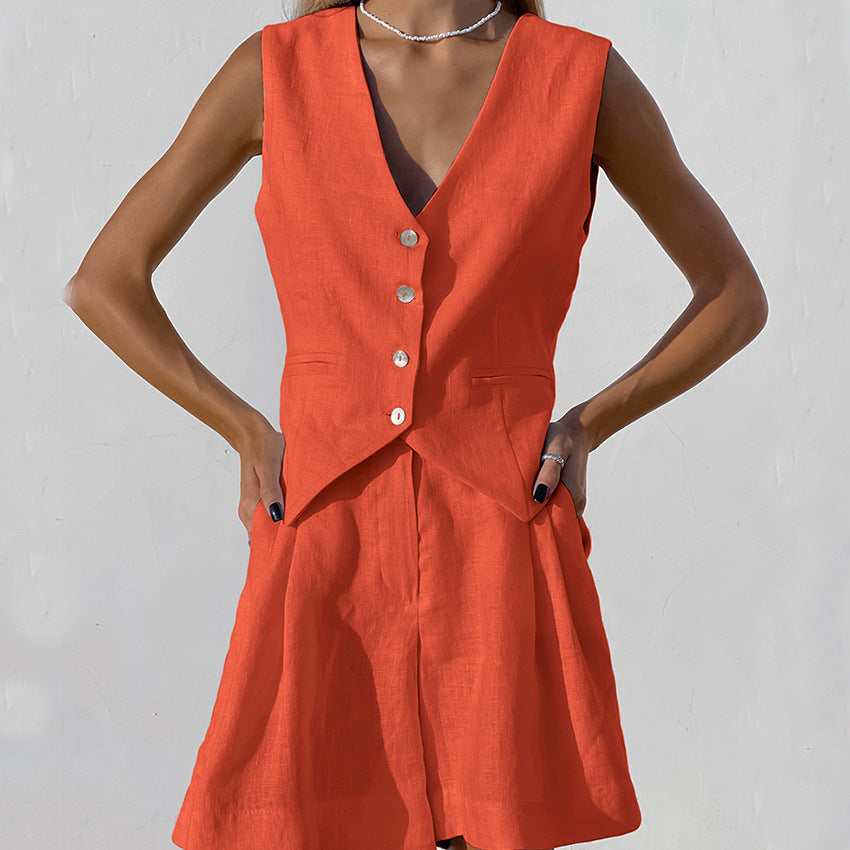 Robe Été Femme en Lin - Ensemble Décontracté avec Gilet et Short