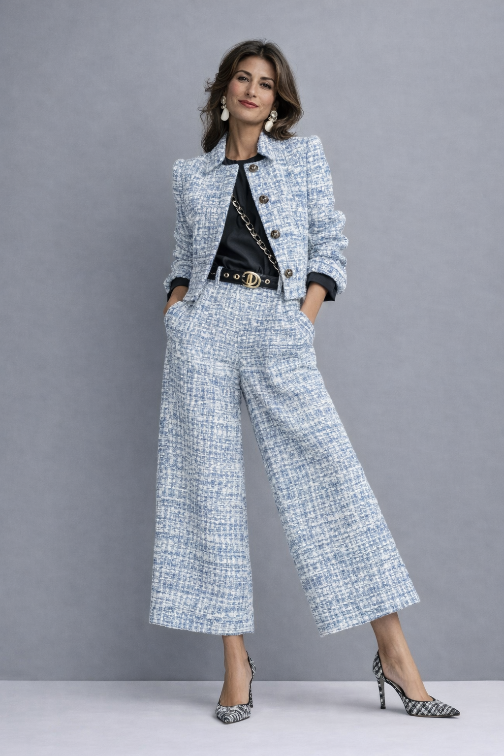 Ensemble Femme Tweed Veste Courte Pantalon Large