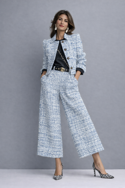 Ensemble Femme Tweed Veste Courte Pantalon Large
