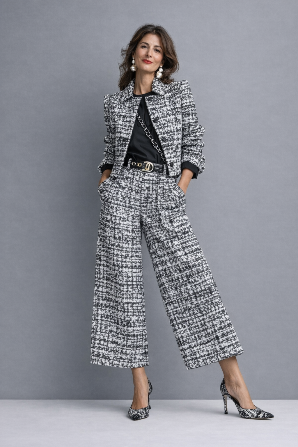 Ensemble Femme Tweed Veste Courte Pantalon Large