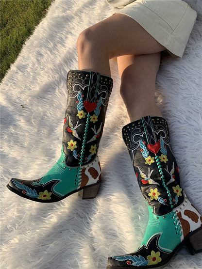 Bottines Cowboy Femmes Brodées Fleurs Élégantes