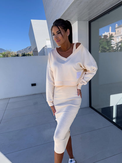 Ensemble Femme Robe Midi Ajustée et Sweatshirt Col V Oversize Casual