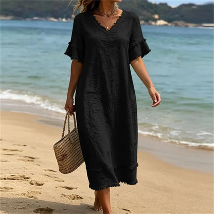 Robe Femme Fluidité Bohème Col en V avec Franges