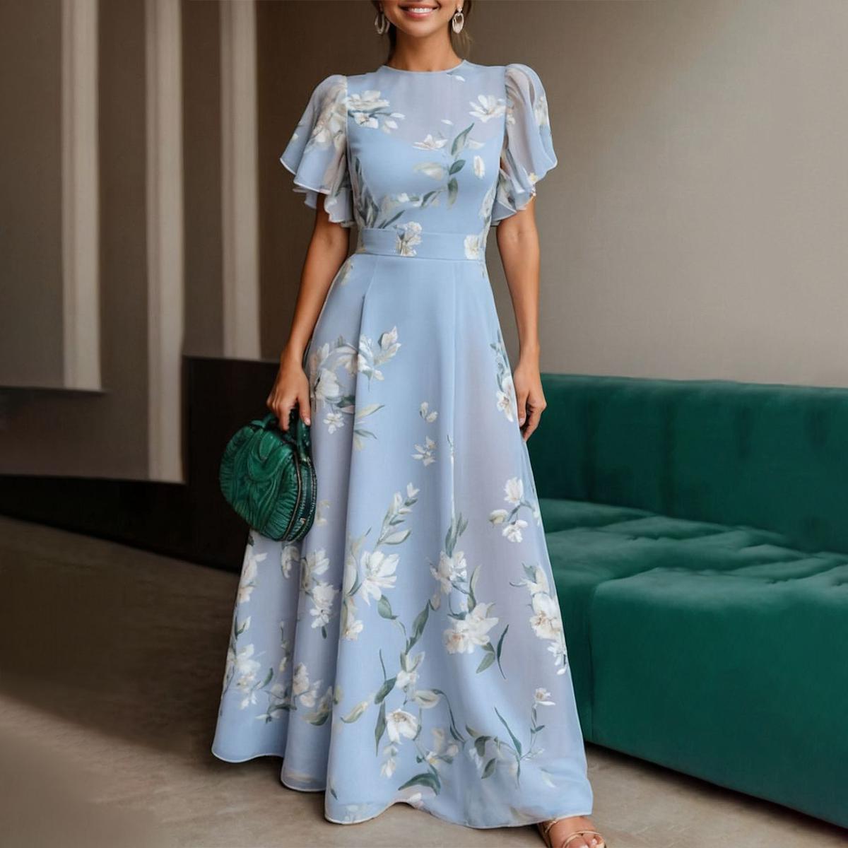 Robe Été Longue Bleu Ciel avec Col Rond et Manches Courtes - PanierRoyale