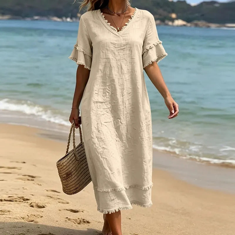 Robe Femme Fluidité Bohème Col en V avec Franges - PanierRoyale