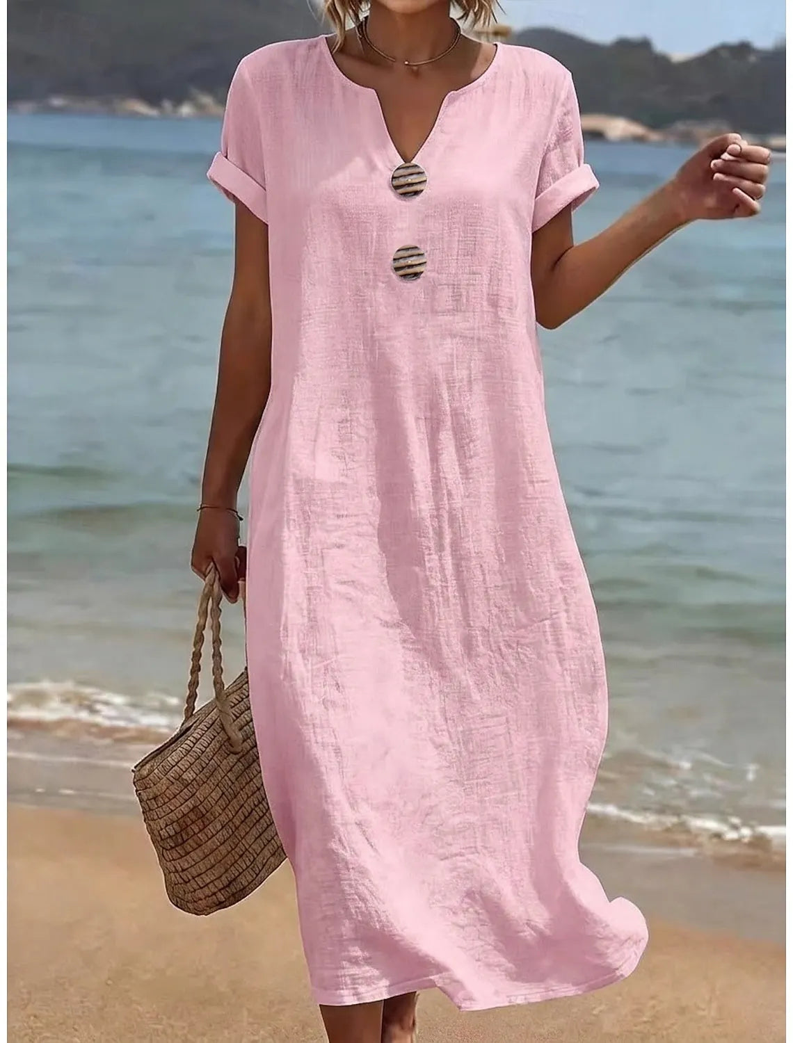Robe longue Femme Coupe ample Col fendu Boutons décoratifs