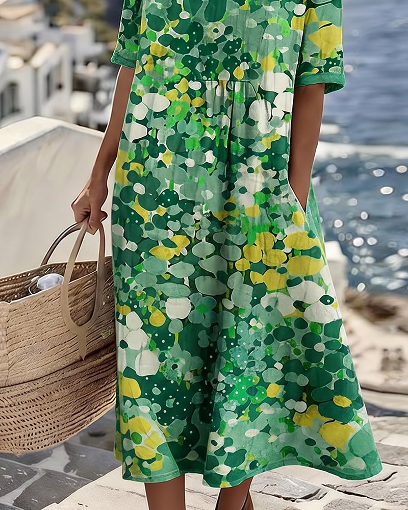 Robe Midi Femme Coton Lin Poches Manches Courtes