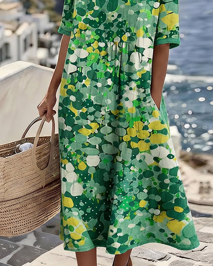 Robe Midi Femme Coton Lin Poches Manches Courtes