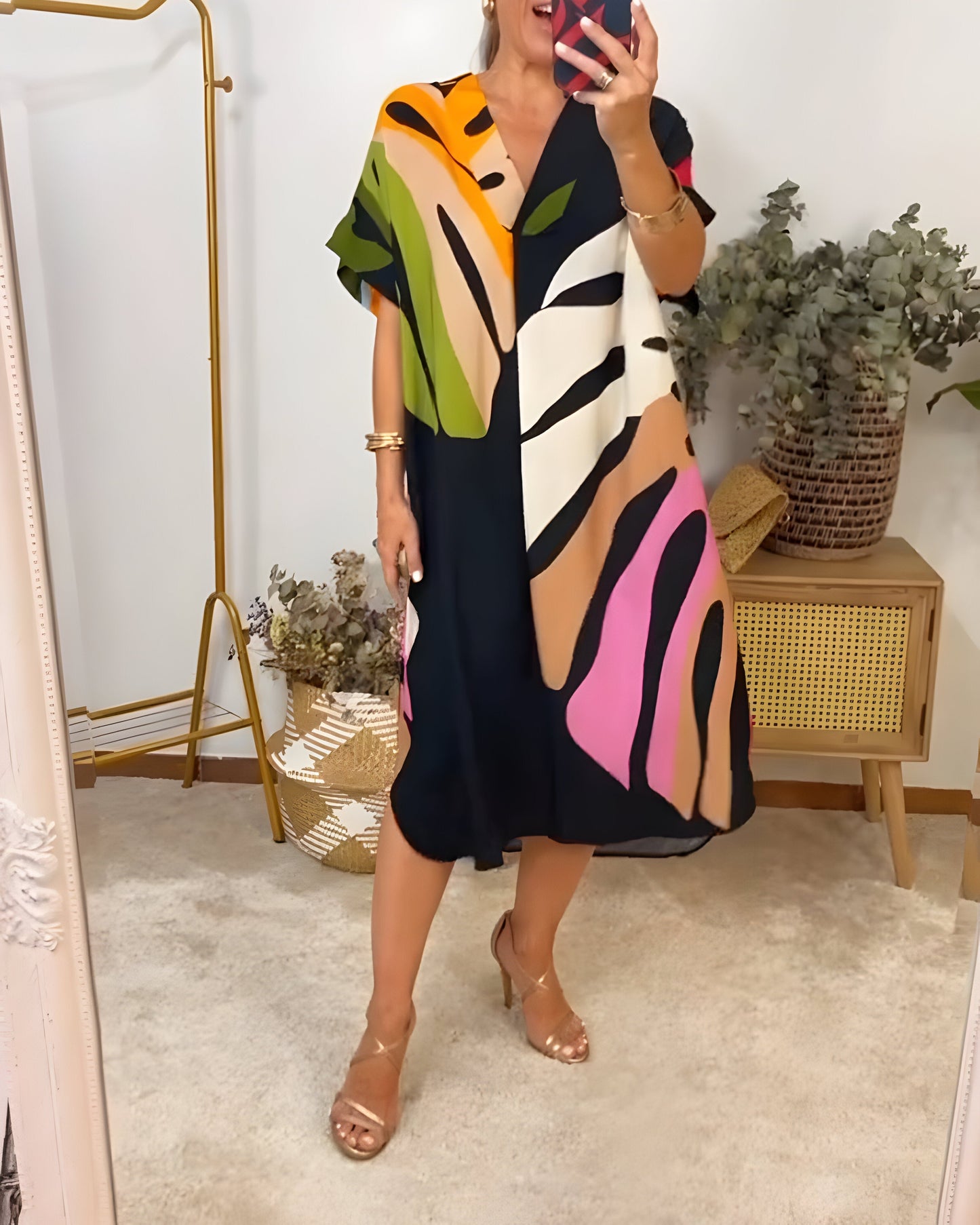 Robe Femme Imprimé Feuillage Coupe Ample Col V - PanierRoyale