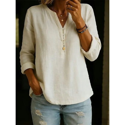 Chemise Femme Coton Col V Manches Retroussables Coupe Ample