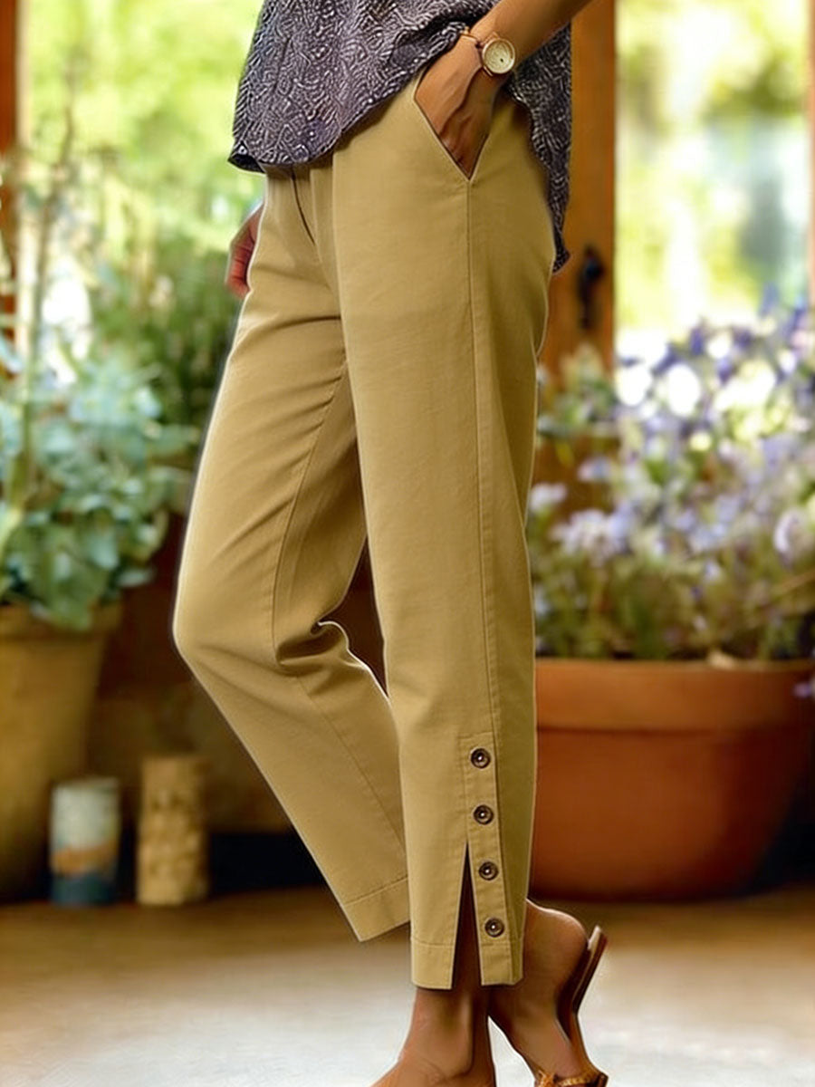 Pantalon Femme Coton Lin Coupe Décontractée Fente Boutonnée