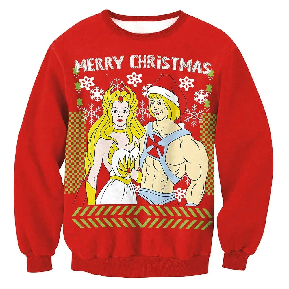Pull de Noël Rouge Brillant avec Cerf Pour Homme et Femme