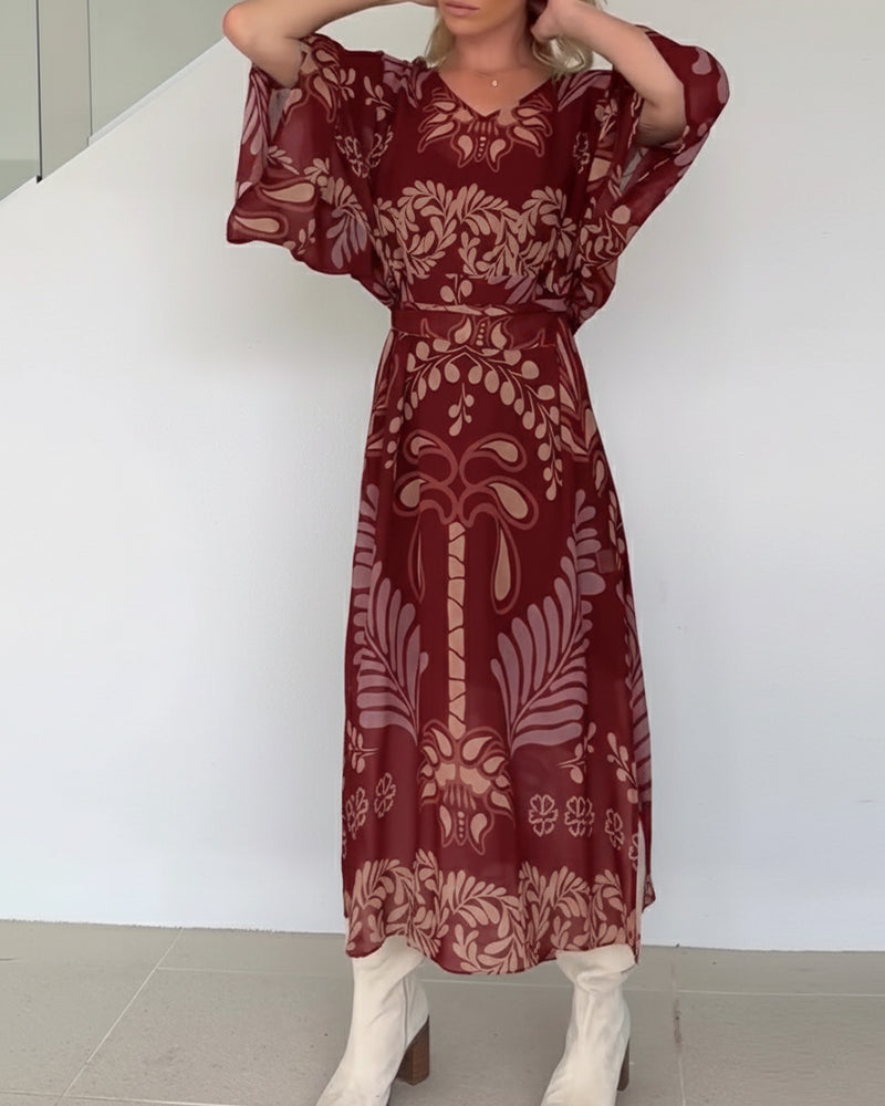 Robe Maxi Femme Imprimé Feuilles Col V Style Bohème