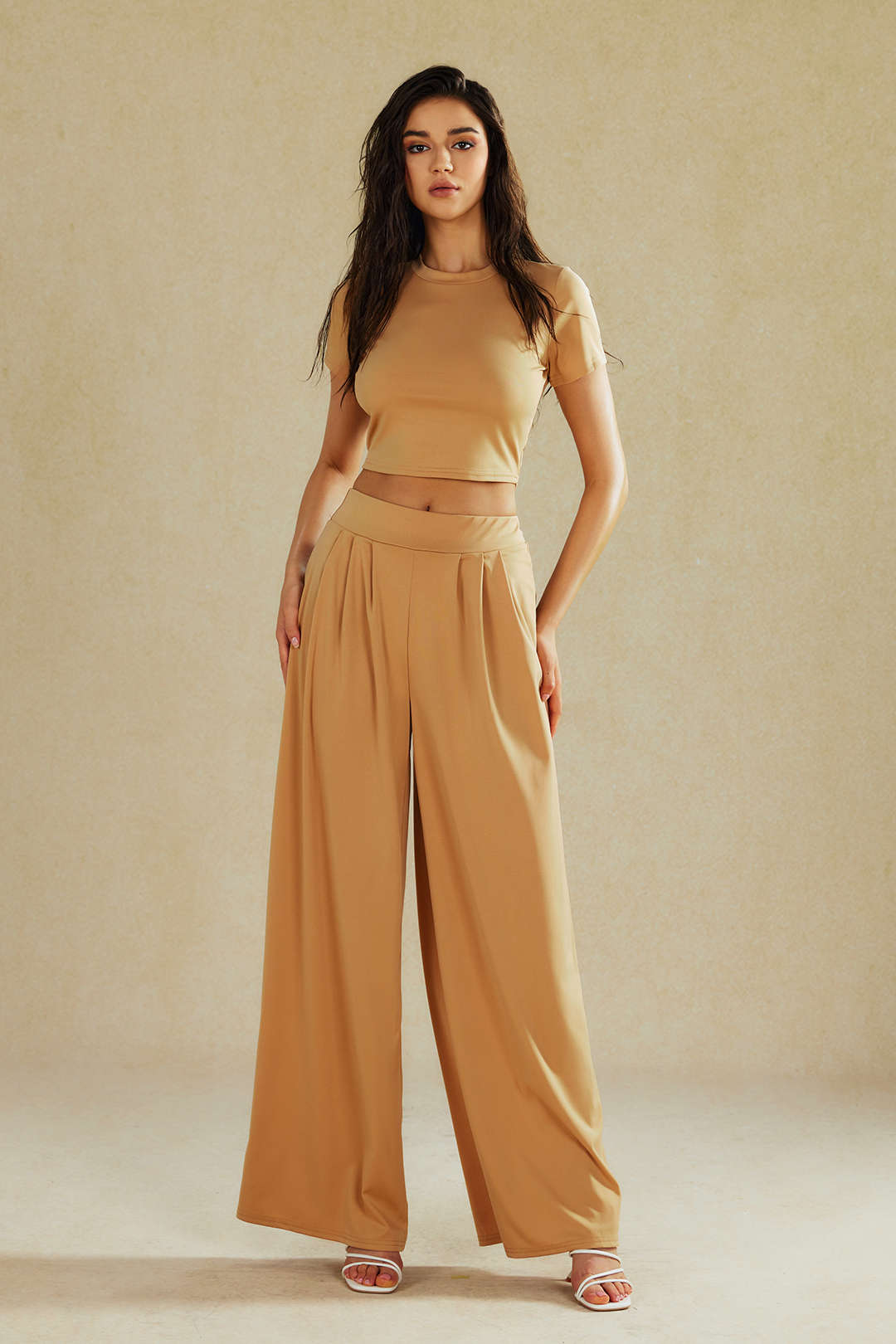 Robe de Soirée Élégante Two-Piece avec Top Court et Pantalon Large