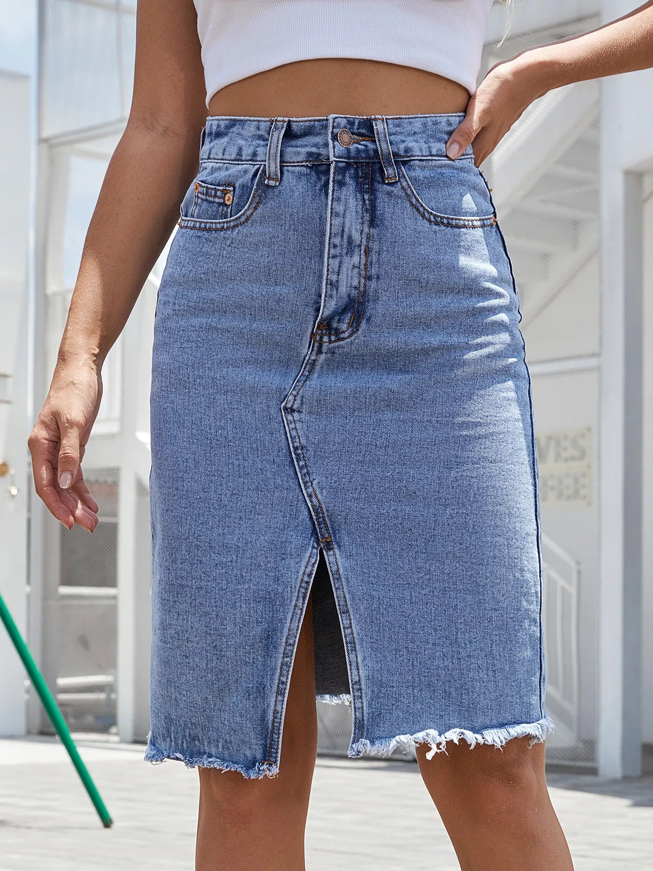 Jupe Femme Denim Taille Haute Fente Devant