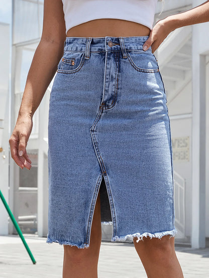 Jupe Femme Denim Taille Haute Fente Devant