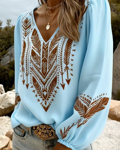Blouse Femme Coton Décolleté en V Manches Bouffantes