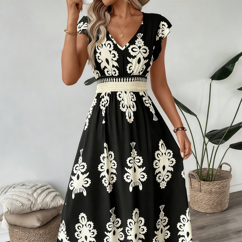 Robe longue Femme Taille smockée Imprimé baroque - PanierRoyale