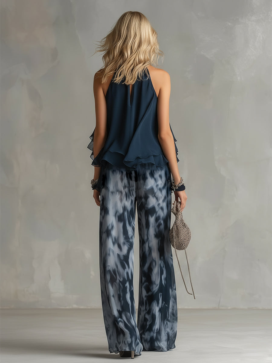 Ensemble Deux Pièces Femme Chiffon Halter Volants Pantalon Large