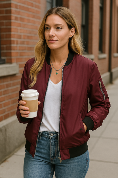 Blouson Bomber Femme Zippé Coupe Confortable Style Casual