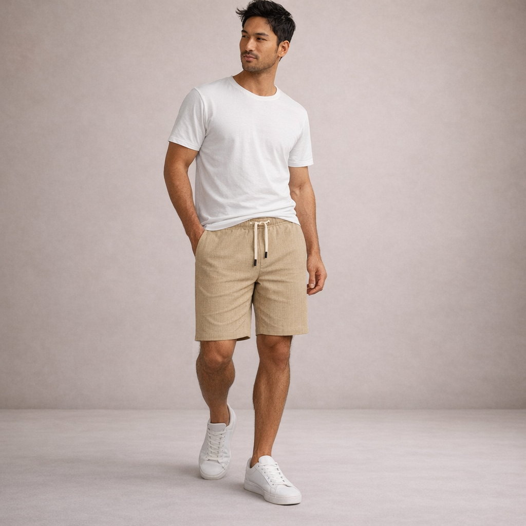 Short Homme Lin Mélangé Taille Cordon Coupe Décontractée