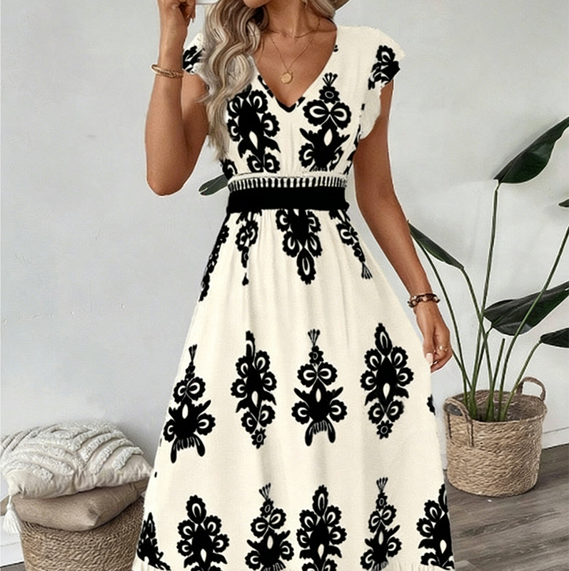 Robe longue Femme Taille smockée Imprimé baroque