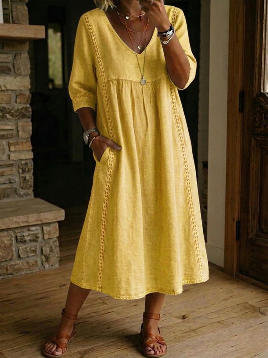 Robe Femme Coton Lin avec Dentelle Col en V - PanierRoyale