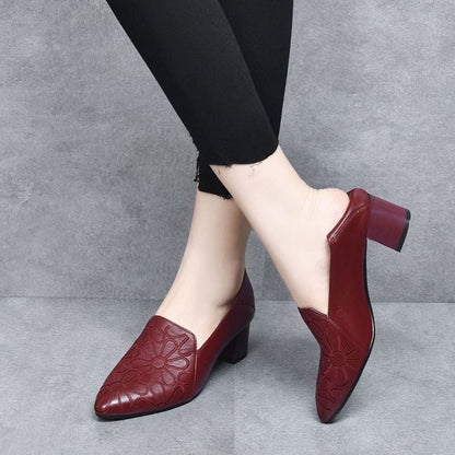 Escarpins Femme Cuir Véritable Brodé Talon Confortable