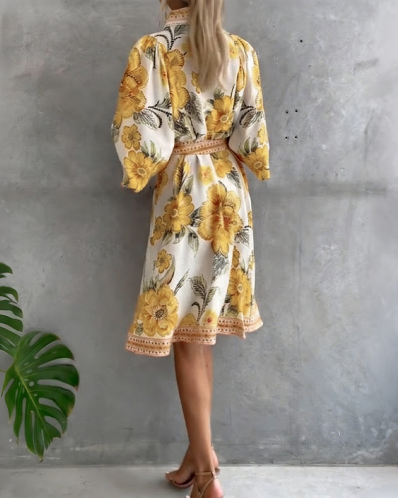 Robe Femme Imprimé Floral Manches Lanternes Boutons