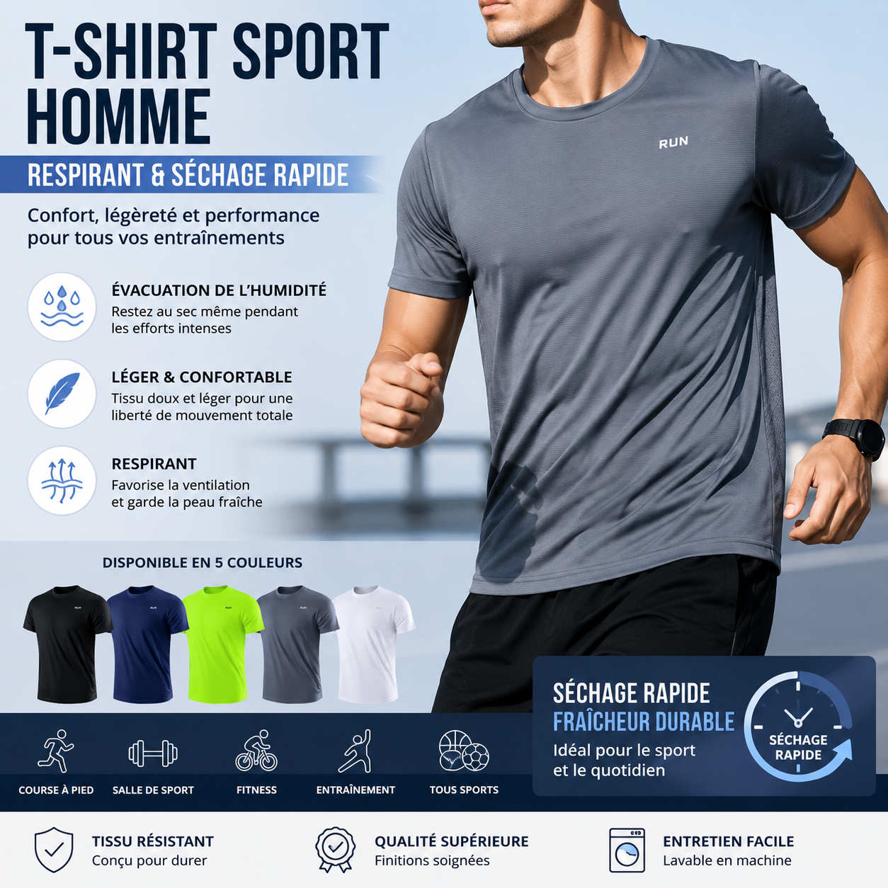 T-shirt Homme Séchage Rapide Col Rond Manches Courtes Coupe Légère
