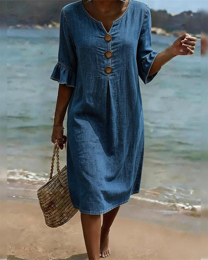 Robe Femme Denim Fluide Manches Volantées Coupe Ample - PanierRoyale