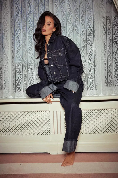 Jean Femme Ensemble Veste Courte et Pantalon Décontracté