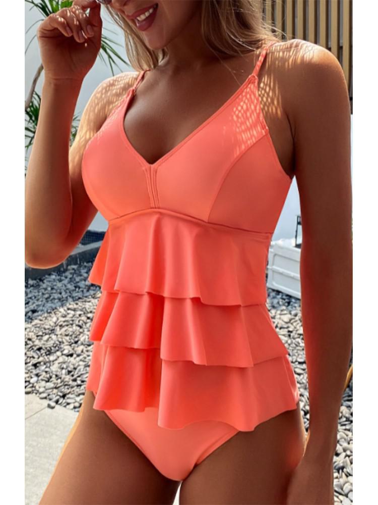 Maillot de bain Femme Volants Superposés Col en V Bretelles Fines