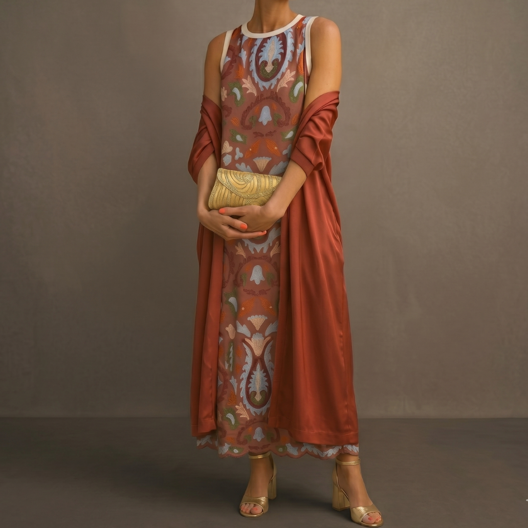 Ensemble Femme Robe Longue et Veste Assortie Coupe Droite