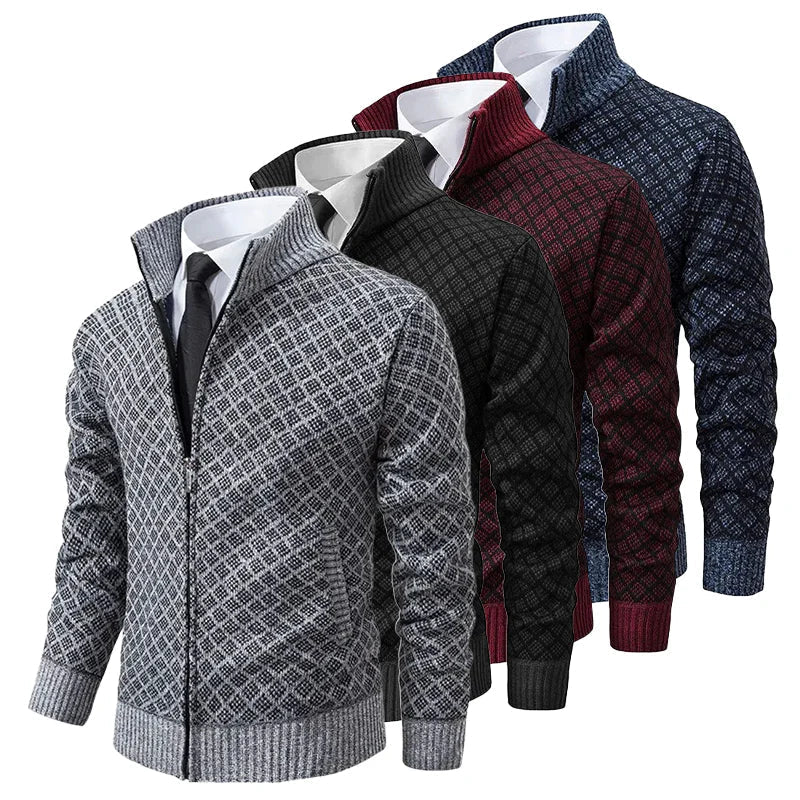 Cardigan Homme Tricot Jacquard Losangé Zippé Col Montant