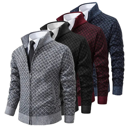Cardigan Homme Tricot Jacquard Losangé Zippé Col Montant