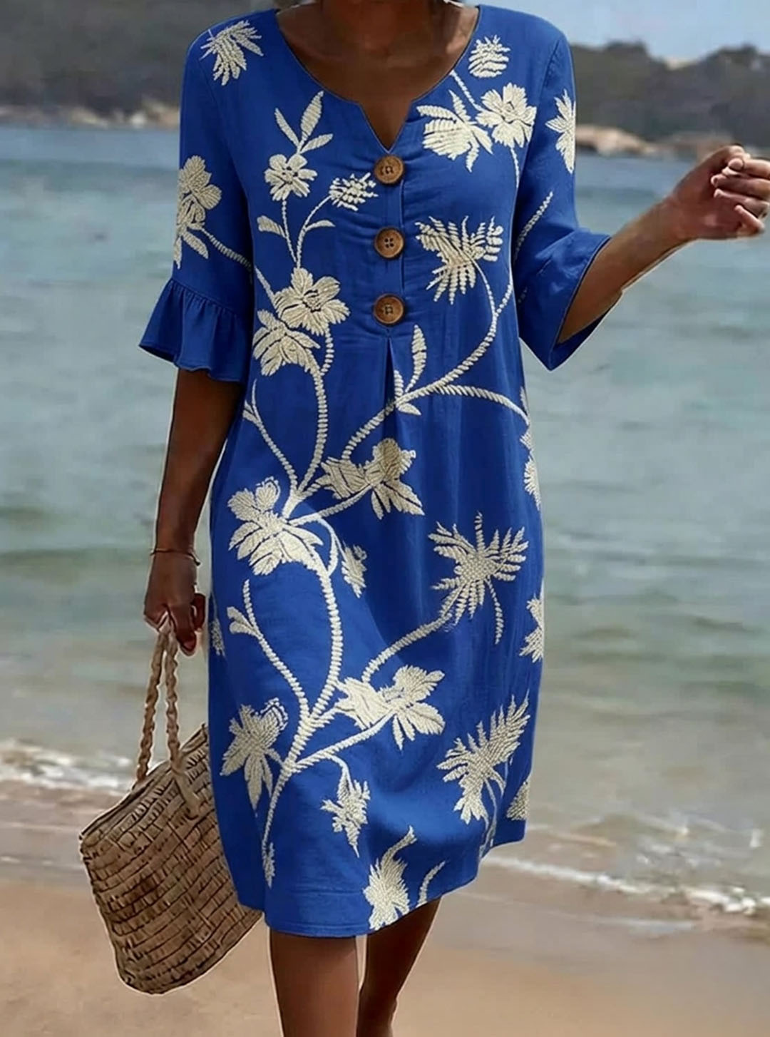 Robe Femme Coton Imprimé Floral Boutons Frontaux