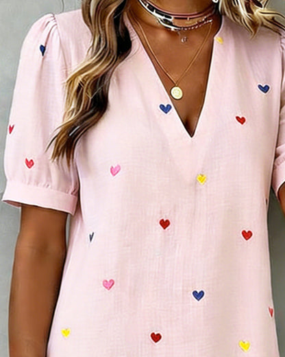 Robe Courte Femme Coton Lin Manches Bouffantes Col V