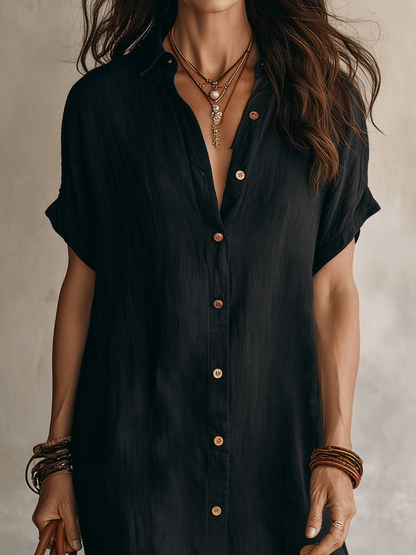 Robe Chemise Femme Lin Coton Boutonnée Coupe Midi