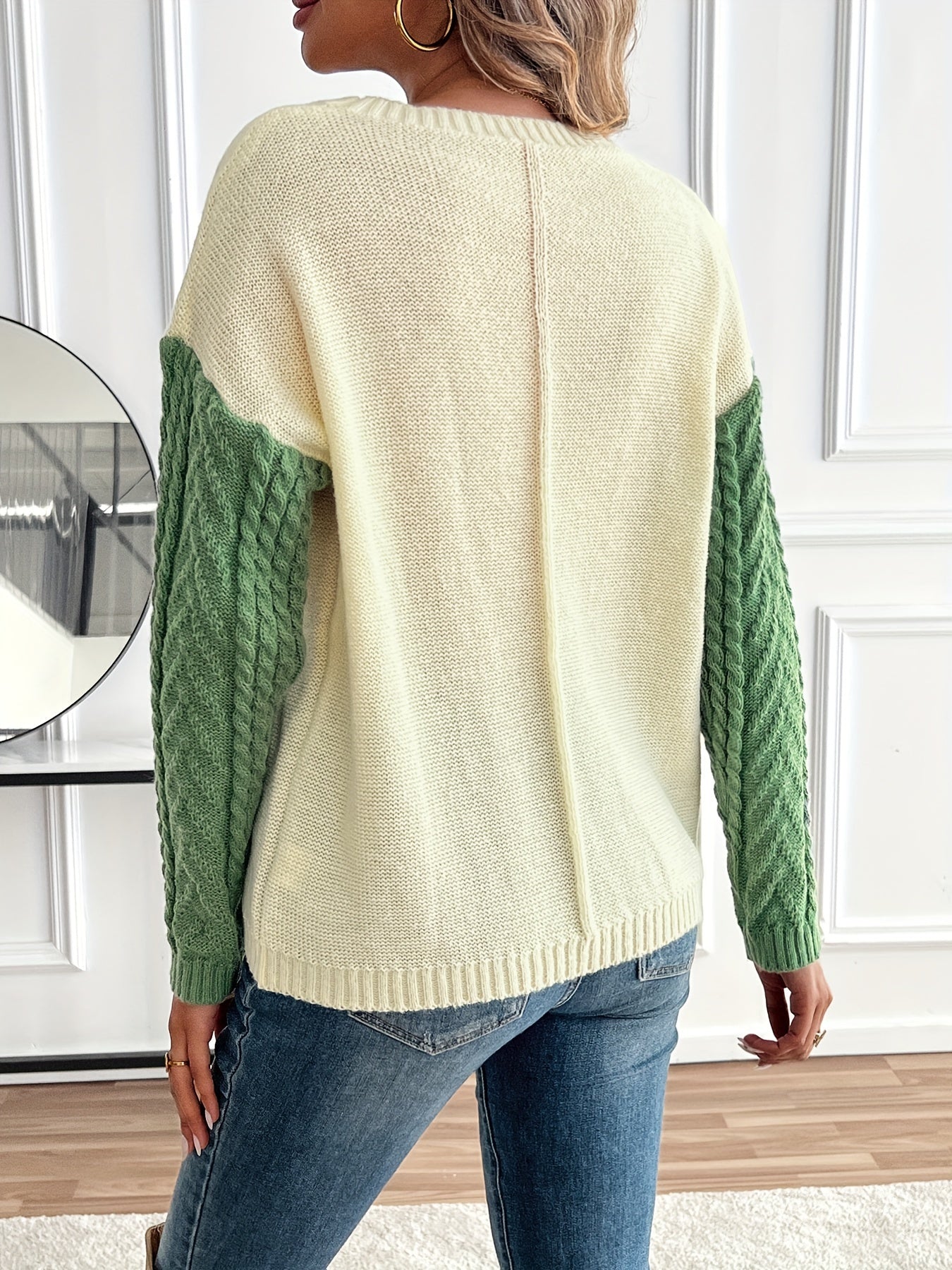 Pull Femme Maille Torsadée Patchwork Confortable Coupe Classique