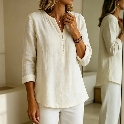 Chemise Femme Coton Col V Manches Retroussables Coupe Ample