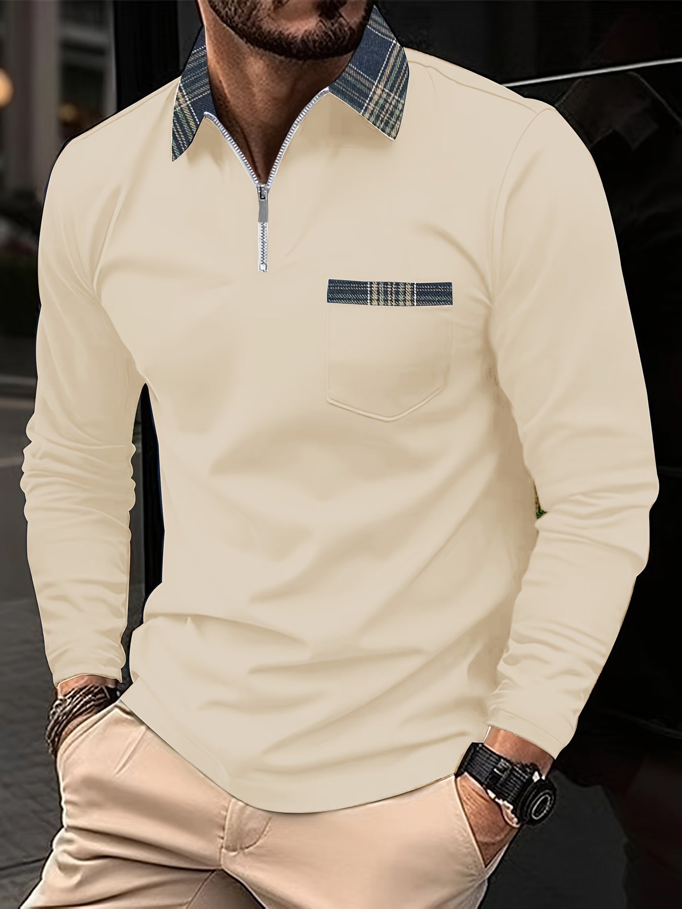 Polo Homme Manches Longues Motif Écossais Classique