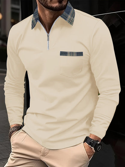 Polo Homme Manches Longues Motif Écossais Classique